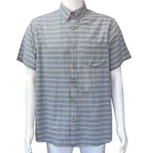 Rowm Mens Short Sleeve Button-Down Striped Shirt Blue/Green Cotton Size L